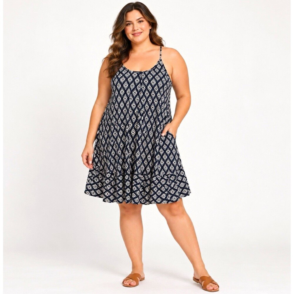 GAP Factory Navy/White Floral Viscose A-Line Knee Dress Scoop Neck L NWT